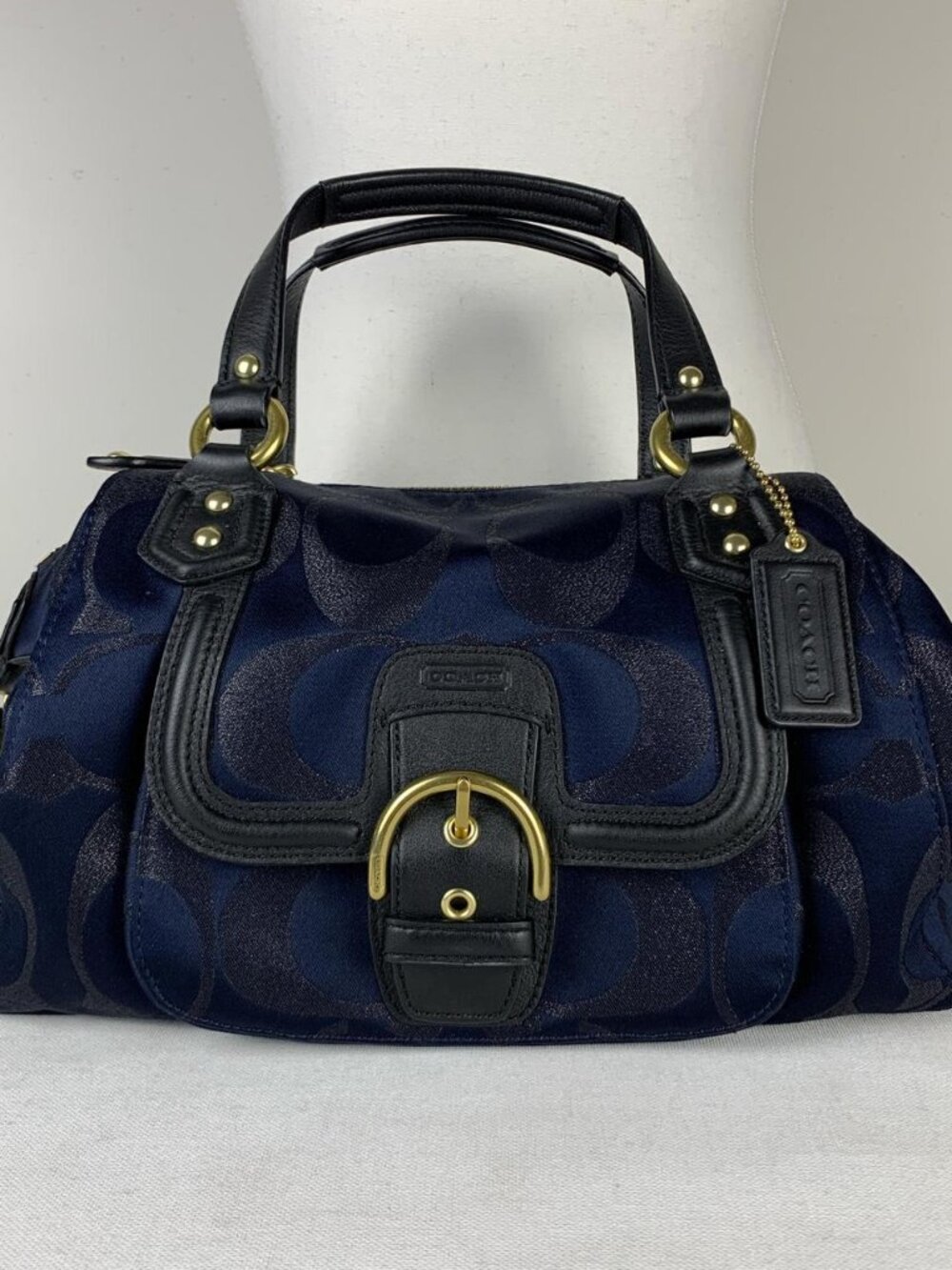 Coach Navy Blue Signature Handbag with Gold Hardware - Stylish & Luxe Accessory